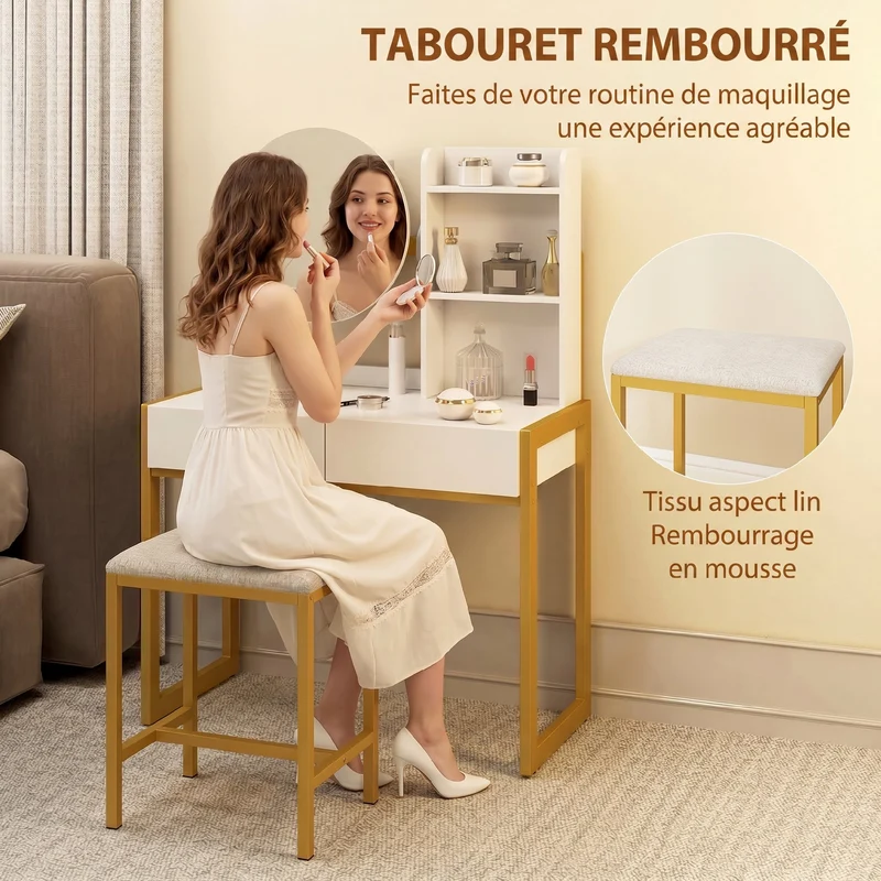 Coiffeuse miroir et tabouret 80 x 42 x 130 cm station de charge et rangements moderne en panneaux de particules blanc 21_0003792