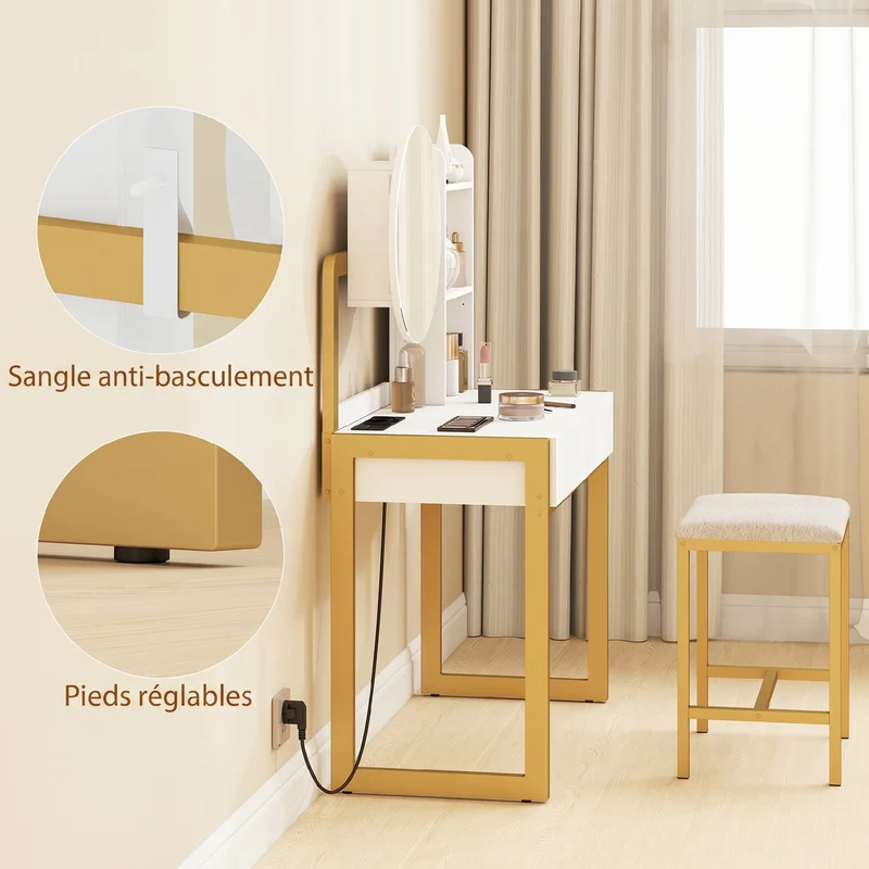 Coiffeuse miroir et tabouret 80 x 42 x 130 cm station de charge et rangements moderne en panneaux de particules blanc 21_0003792