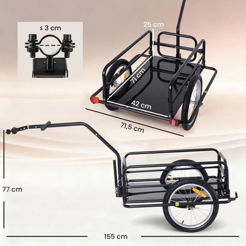 Remorque vélo de transport pliable 155 x 71,5 x 77 cm capacité 70 l charge 40 kg solide industriel moderne en acier noir 21_0007115