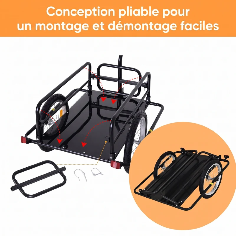 Remorque vélo de transport pliable 155 x 71,5 x 77 cm capacité 70 l charge 40 kg solide industriel moderne en acier noir 21_0007115