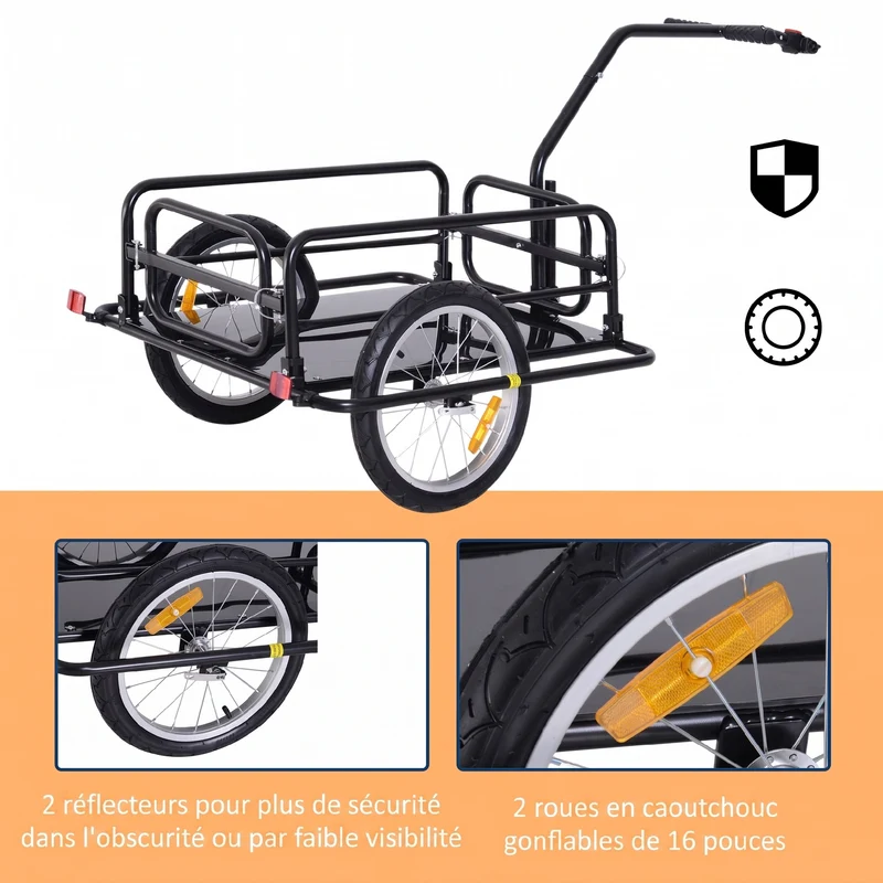 Remorque vélo de transport pliable 155 x 71,5 x 77 cm capacité 70 l charge 40 kg solide industriel moderne en acier noir 21_0007115