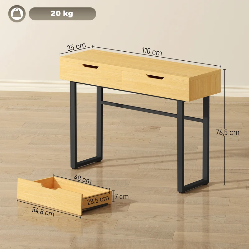 Console d'entrée étroite 110 x 35 x 76,5 cm 2 tiroirs de rangement kit anti basculement moderne épuré en bois naturel 21_0002797
