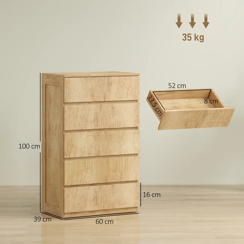 Commode de rangement 60 x 39 x 100 cm 5 tiroirs sans poignées gain de place fini brillant moderne en MDF bois naturel 21_0001569