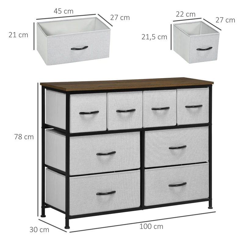 Commode 8 tiroirs rangement 100 x 30 x 78 cm gain de place anti-renversement classique épuré en tissu non tissé gris 21_0005840