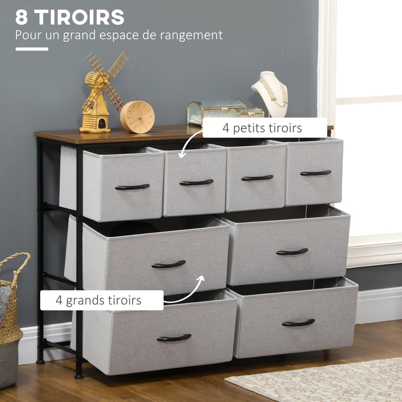 Commode 8 tiroirs rangement 100 x 30 x 78 cm gain de place anti-renversement classique épuré en tissu non tissé gris 21_0005840