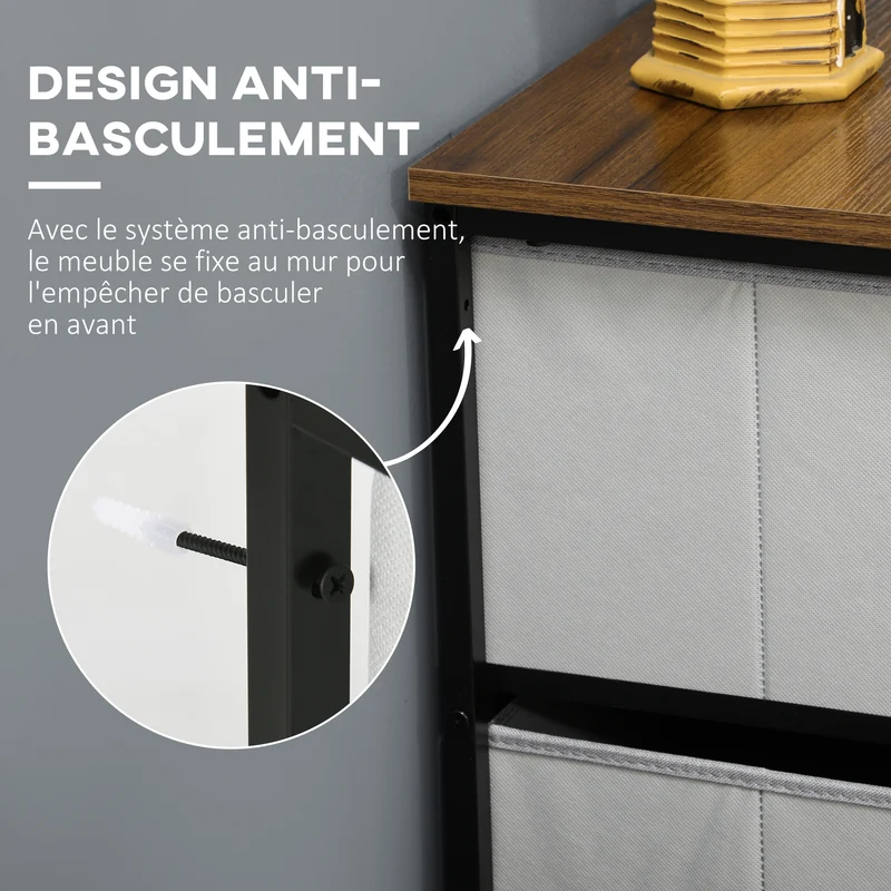 Commode 8 tiroirs rangement 100 x 30 x 78 cm gain de place anti-renversement classique épuré en tissu non tissé gris 21_0005840