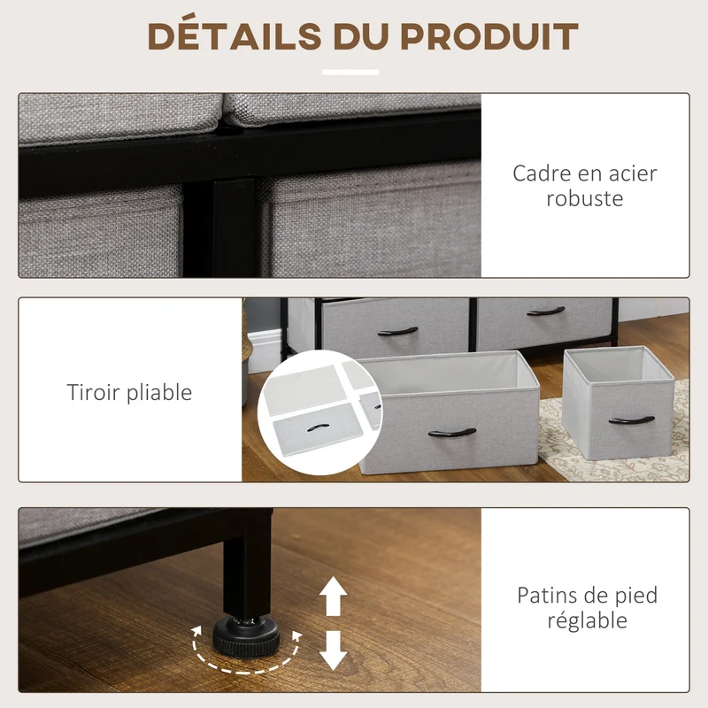 Commode 8 tiroirs rangement 100 x 30 x 78 cm gain de place anti-renversement classique épuré en tissu non tissé gris 21_0005840