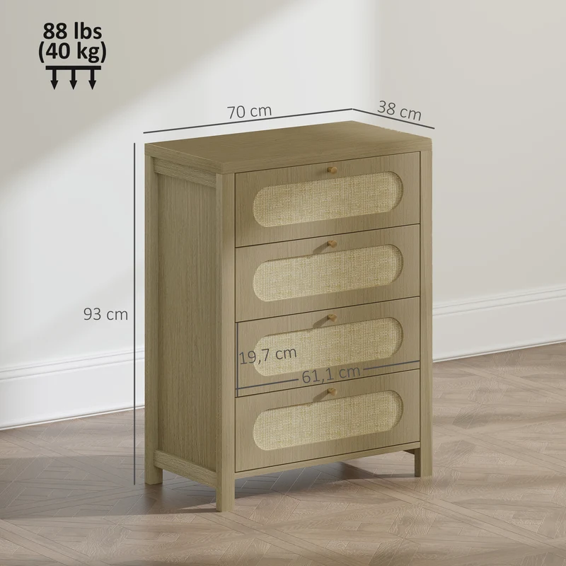 Commode 4 tiroirs chambre entrée 70 x 38 x 93 cm rangement très spacieux vintage en panneau de particules bois naturel 21_0003745