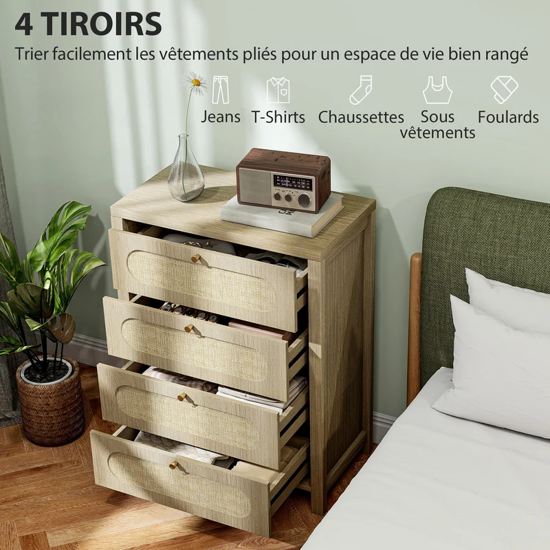 Commode 4 tiroirs chambre entrée 70 x 38 x 93 cm rangement très spacieux vintage en panneau de particules bois naturel 21_0003745