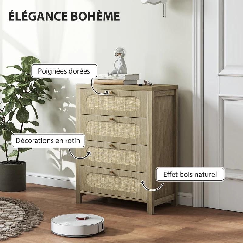 Commode 4 tiroirs chambre entrée 70 x 38 x 93 cm rangement très spacieux vintage en panneau de particules bois naturel 21_0003745