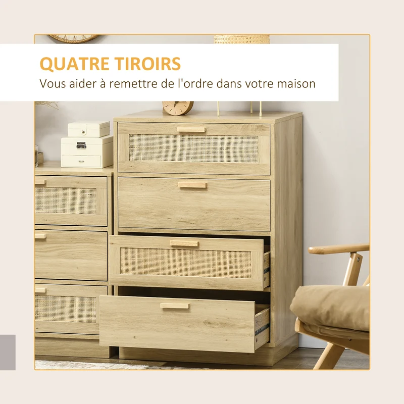 Commode 4 tiroirs chambre 60 x 38 x 88,5 cm grand espace système anti basculement scandinave décoratif en bois naturel 21_0001564