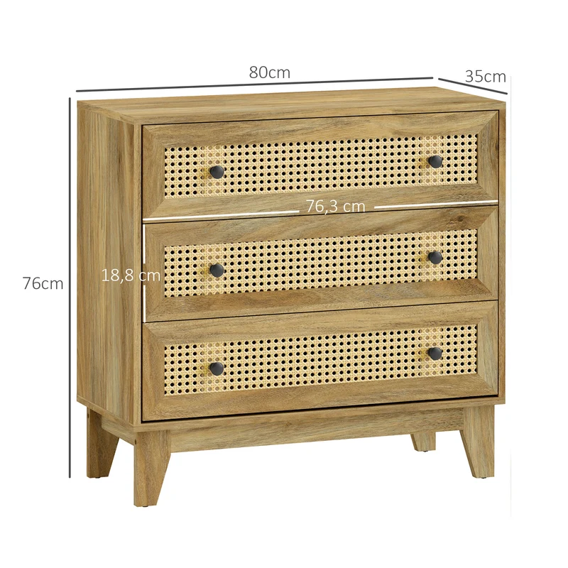 Commode 3 tiroirs rangement 80 x 35 x 76 cm multi rangements anti basculement scandinave contemporain en MDF naturel 21_0001536