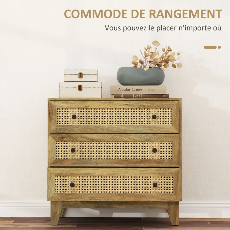 Commode 3 tiroirs rangement 80 x 35 x 76 cm multi rangements anti basculement scandinave contemporain en MDF naturel 21_0001536
