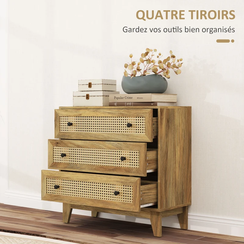 Commode 3 tiroirs rangement 80 x 35 x 76 cm multi rangements anti basculement scandinave contemporain en MDF naturel 21_0001536