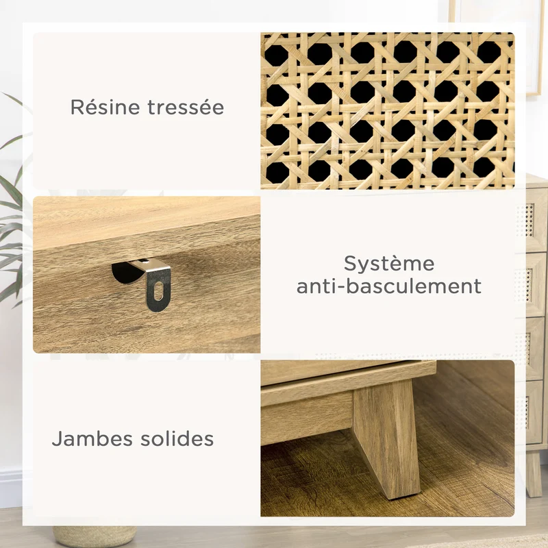 Commode 3 tiroirs rangement 80 x 35 x 76 cm multi rangements anti basculement scandinave contemporain en MDF naturel 21_0001536