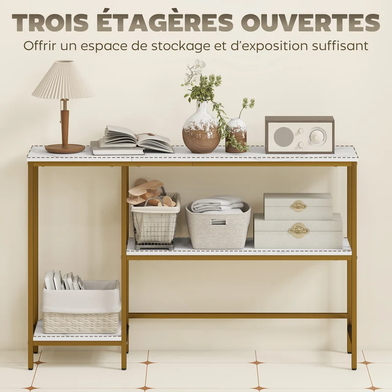 Console d'entrée 3 niveaux rangement 120 x 30 x 76,5 cm anti basculement moderne épuré en panneaux de particules blanc 21_0002792