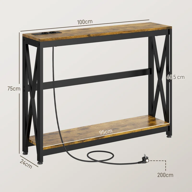Console d'entrée 100 x 24 x 75 cm prises et usb intégrés 2 niveaux industrielle compacte en panneau de particules marron 21_0002704