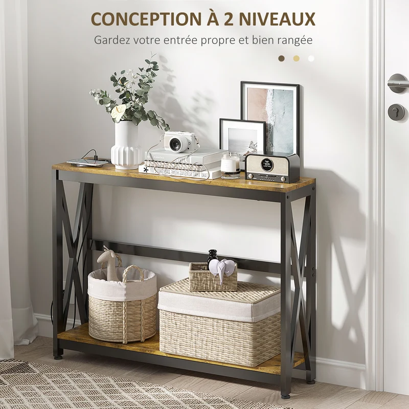 Console d'entrée 100 x 24 x 75 cm prises et usb intégrés 2 niveaux industrielle compacte en panneau de particules marron 21_0002704