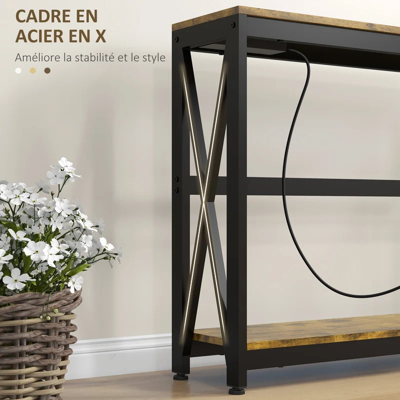 Console d'entrée 100 x 24 x 75 cm prises et usb intégrés 2 niveaux industrielle compacte en panneau de particules marron 21_0002704