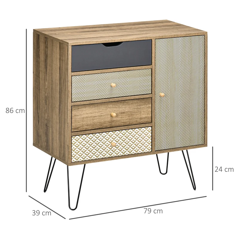 Commode salon contemporain 79 x 39 x 86 cm 4 tiroirs 1 placard étagère réglable épuré en panneau de particules marron 21_0002870