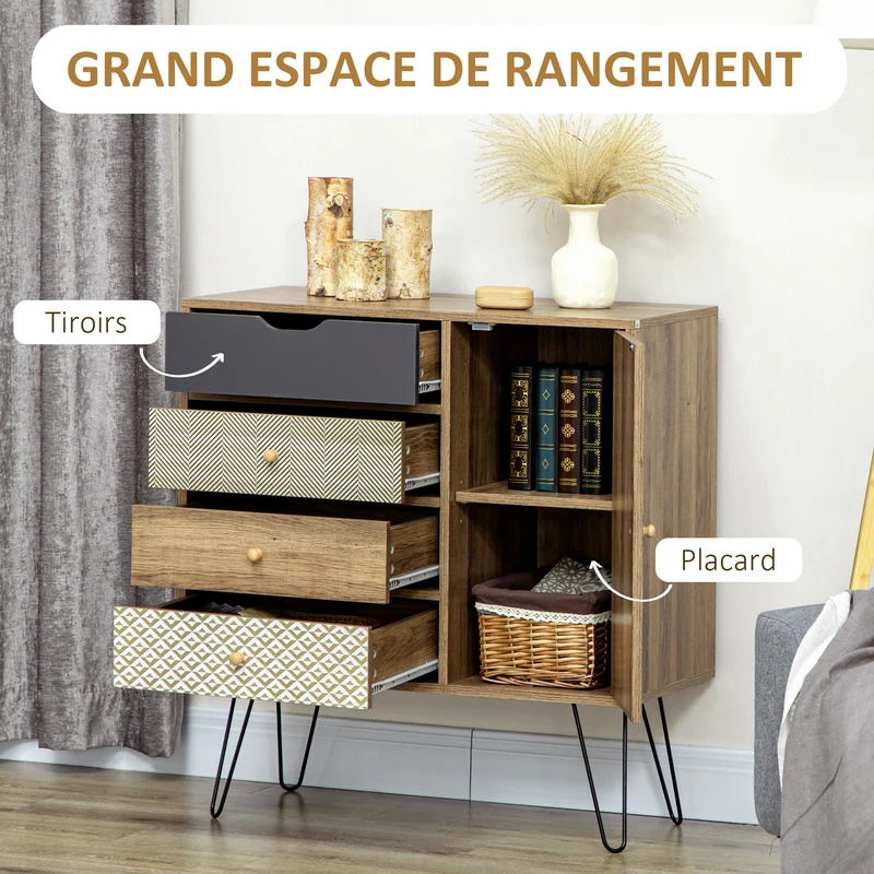 Commode salon contemporain 79 x 39 x 86 cm 4 tiroirs 1 placard étagère réglable épuré en panneau de particules marron 21_0002870