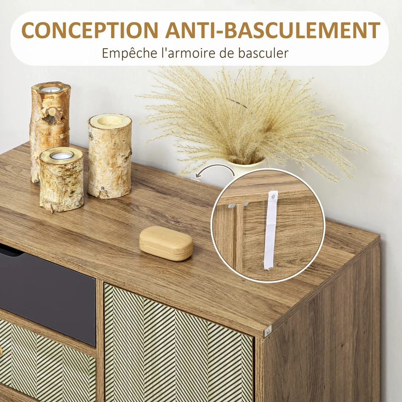Commode salon contemporain 79 x 39 x 86 cm 4 tiroirs 1 placard étagère réglable épuré en panneau de particules marron 21_0002870