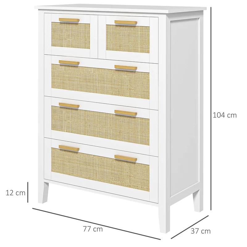 Commode 5 tiroirs pour chambre 77 x 37 x 104 cm grande capacité ouverture douce scandinave contemporain en MDF blanc 21_0001565