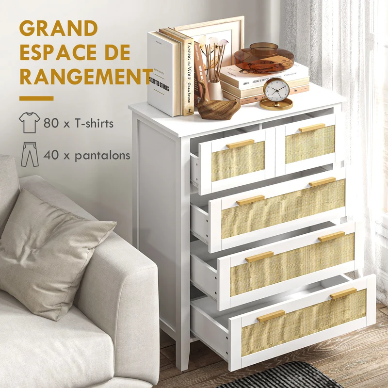 Commode 5 tiroirs pour chambre 77 x 37 x 104 cm grande capacité ouverture douce scandinave contemporain en MDF blanc 21_0001565