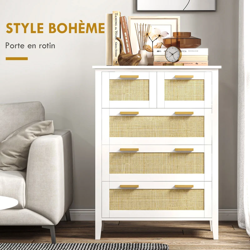 Commode 5 tiroirs pour chambre 77 x 37 x 104 cm grande capacité ouverture douce scandinave contemporain en MDF blanc 21_0001565