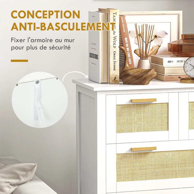 Commode 5 tiroirs pour chambre 77 x 37 x 104 cm grande capacité ouverture douce scandinave contemporain en MDF blanc 21_0001565