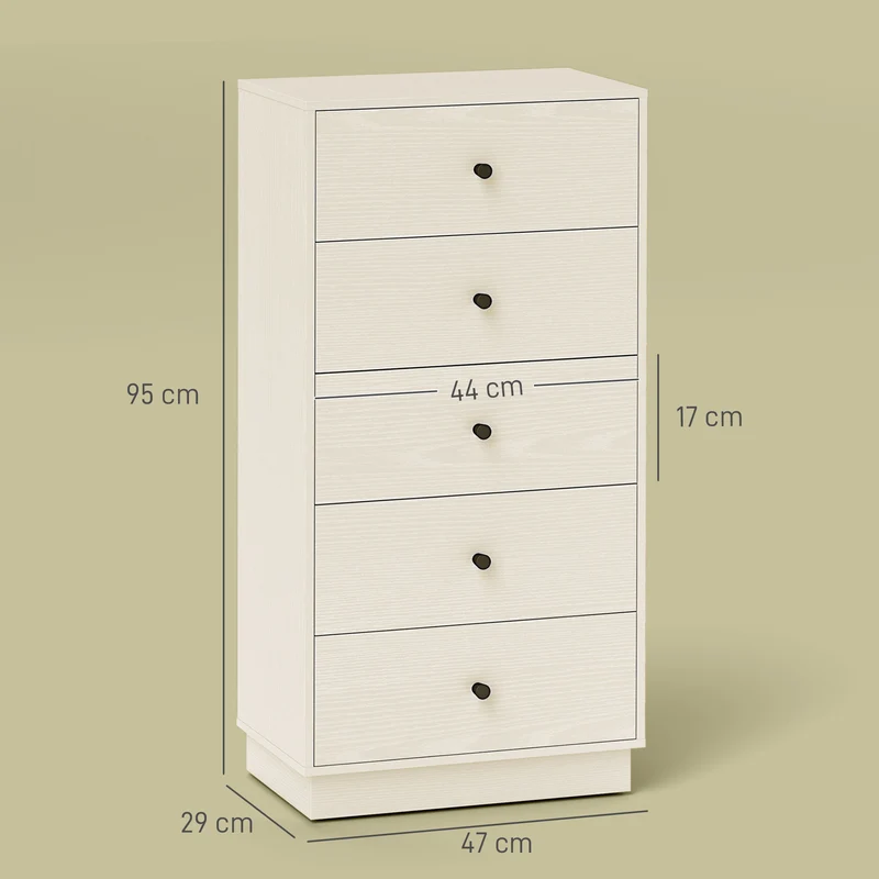 Commode 5 tiroirs haute et étroite 47 x 29 x 95 cm gain de place sécurisé moderne épuré en panneau de particules crème 21_0001666