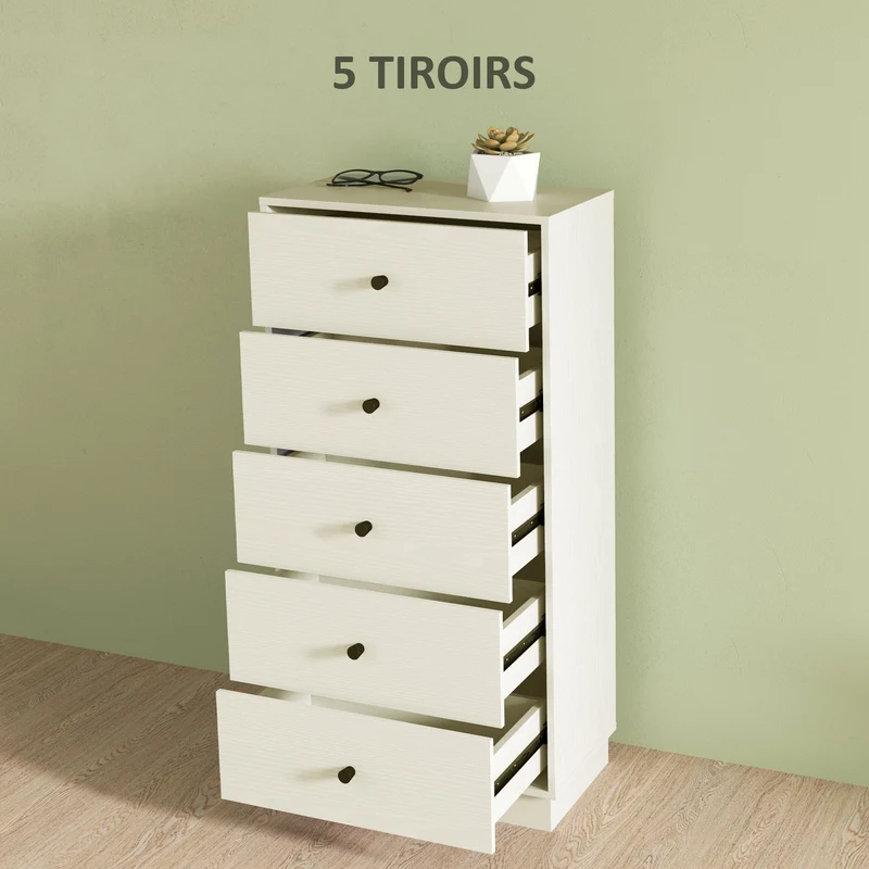 Commode 5 tiroirs haute et étroite 47 x 29 x 95 cm gain de place sécurisé moderne épuré en panneau de particules crème 21_0001666