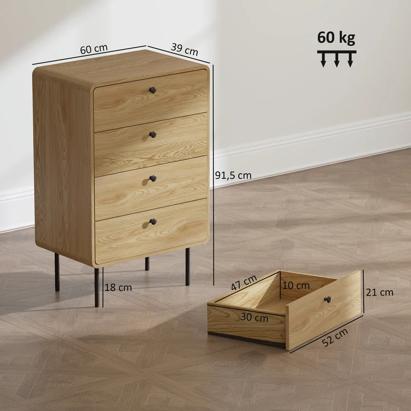 Commode 4 tiroirs chambre étroite 60 x 39 x 91.5 cm rangement sécurisé anti-basculement style moderne épuré en MDF chêne 21_0003749