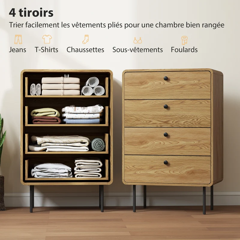 Commode 4 tiroirs chambre étroite 60 x 39 x 91.5 cm rangement sécurisé anti-basculement style moderne épuré en MDF chêne 21_0003749