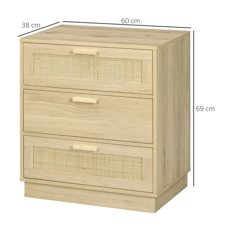 Commode 3 tiroirs meuble de rangement 60 x 38 x 69 cm anti basculement scandinave décoratif en mélamine bois naturel 21_0001563