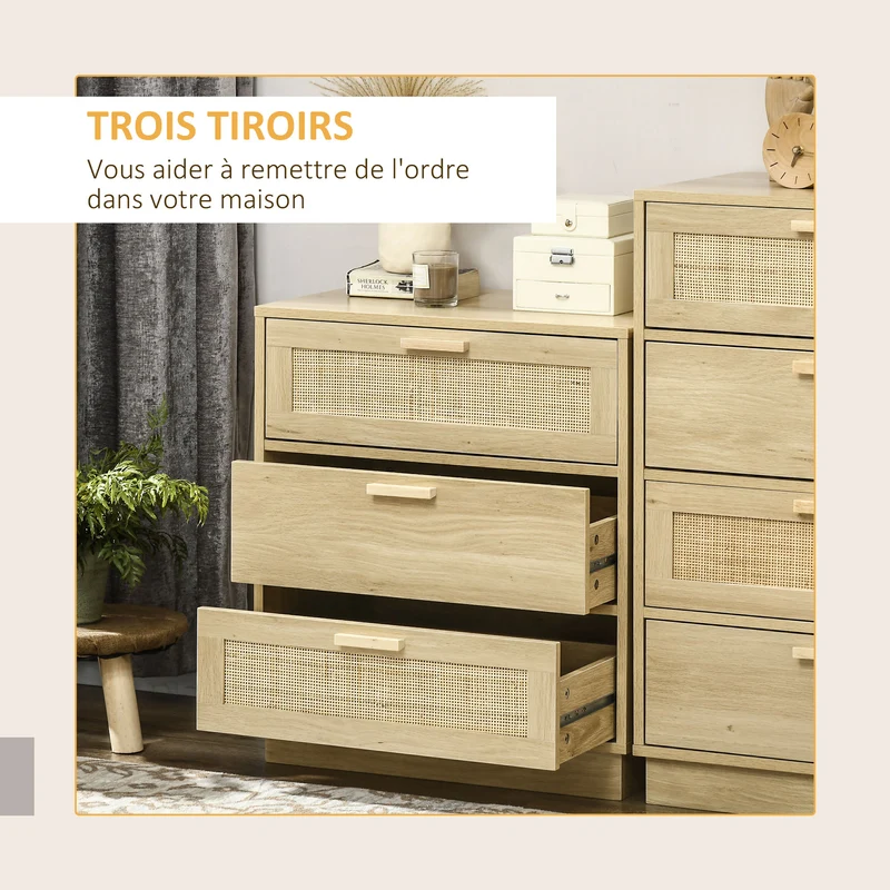 Commode 3 tiroirs meuble de rangement 60 x 38 x 69 cm anti basculement scandinave décoratif en mélamine bois naturel 21_0001563