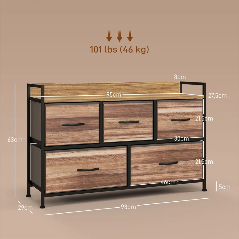 Commode de rangement 5 tiroirs chambre 98 x 29 x 63 cm gain de place tiroirs amovibles moderne finition mate en MDF noir 21_0001592