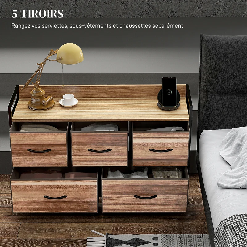 Commode de rangement 5 tiroirs chambre 98 x 29 x 63 cm gain de place tiroirs amovibles moderne finition mate en MDF noir 21_0001592