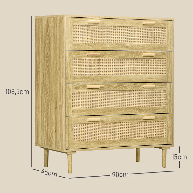 Commode 4 tiroirs 90 x 45 x 108.5 cm rangements spacieux scandinave anti basculement en panneau de particules naturel 21_0001591