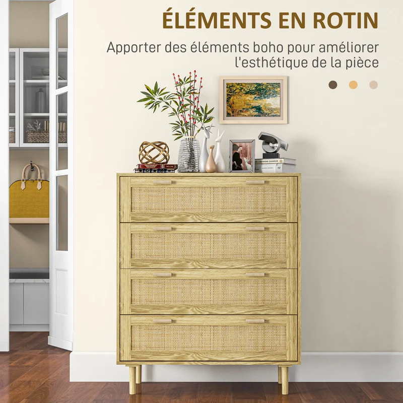 Commode 4 tiroirs 90 x 45 x 108.5 cm rangements spacieux scandinave anti basculement en panneau de particules naturel 21_0001591