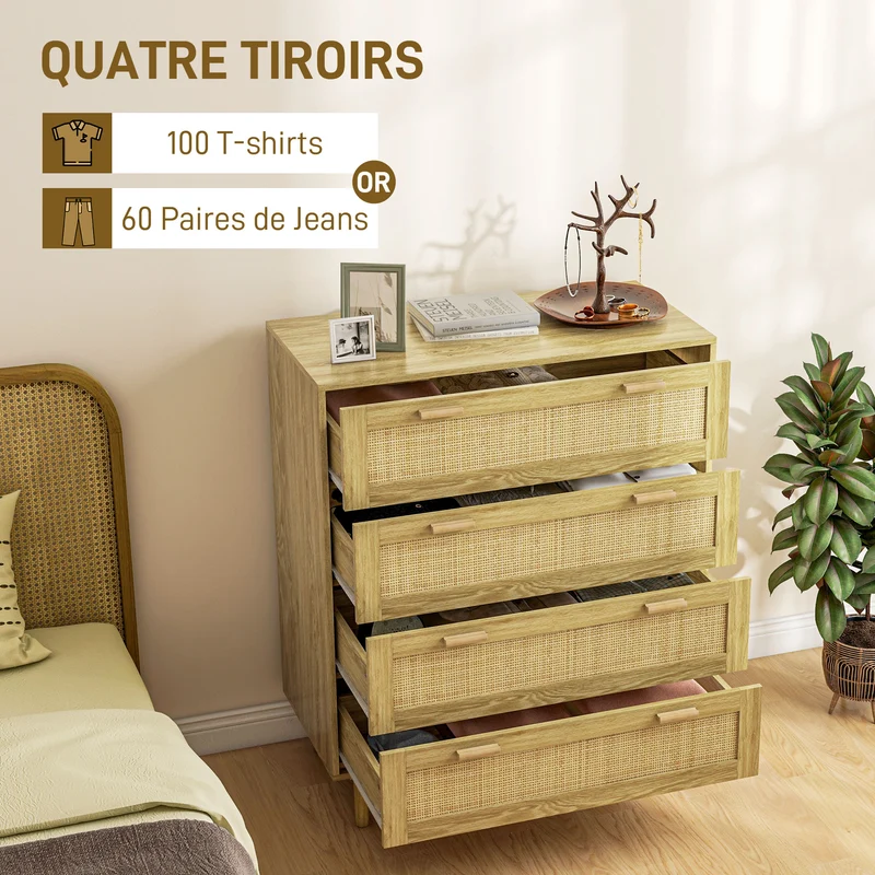 Commode 4 tiroirs 90 x 45 x 108.5 cm rangements spacieux scandinave anti basculement en panneau de particules naturel 21_0001591