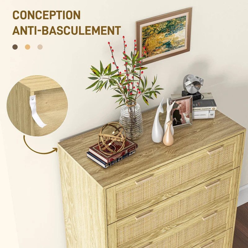 Commode 4 tiroirs 90 x 45 x 108.5 cm rangements spacieux scandinave anti basculement en panneau de particules naturel 21_0001591