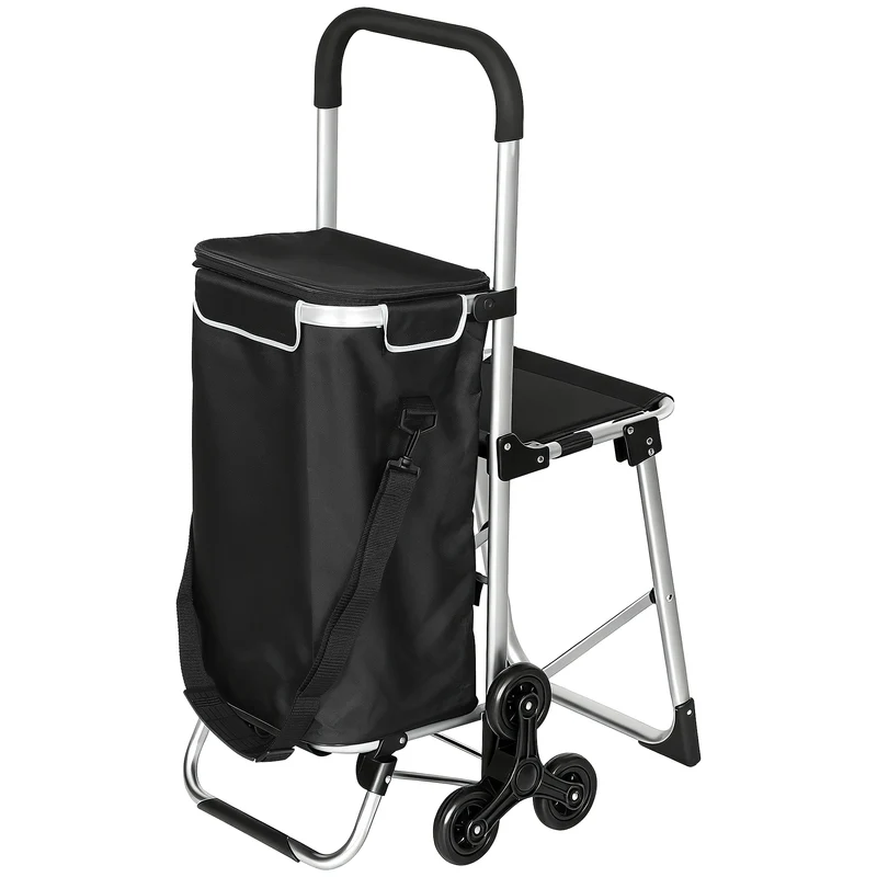 Chariot de courses pliable siège pliant 46 x 59.5 x 97 cm sac 40 l montée escalier 3 roues moderne en tissu oxford noir 21_0005886