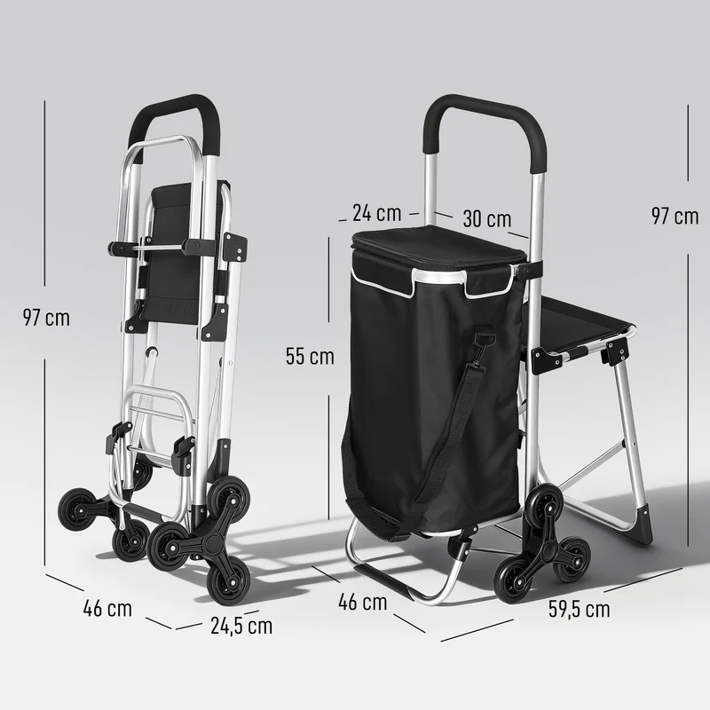 Chariot de courses pliable siège pliant 46 x 59.5 x 97 cm sac 40 l montée escalier 3 roues moderne en tissu oxford noir 21_0005886