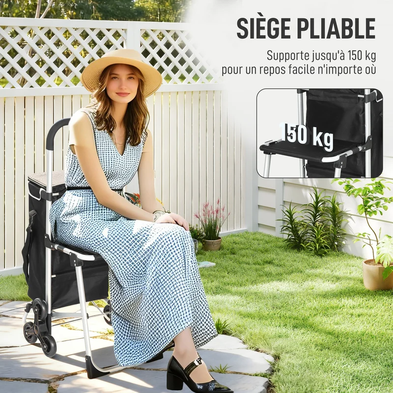 Chariot de courses pliable siège pliant 46 x 59.5 x 97 cm sac 40 l montée escalier 3 roues moderne en tissu oxford noir 21_0005886