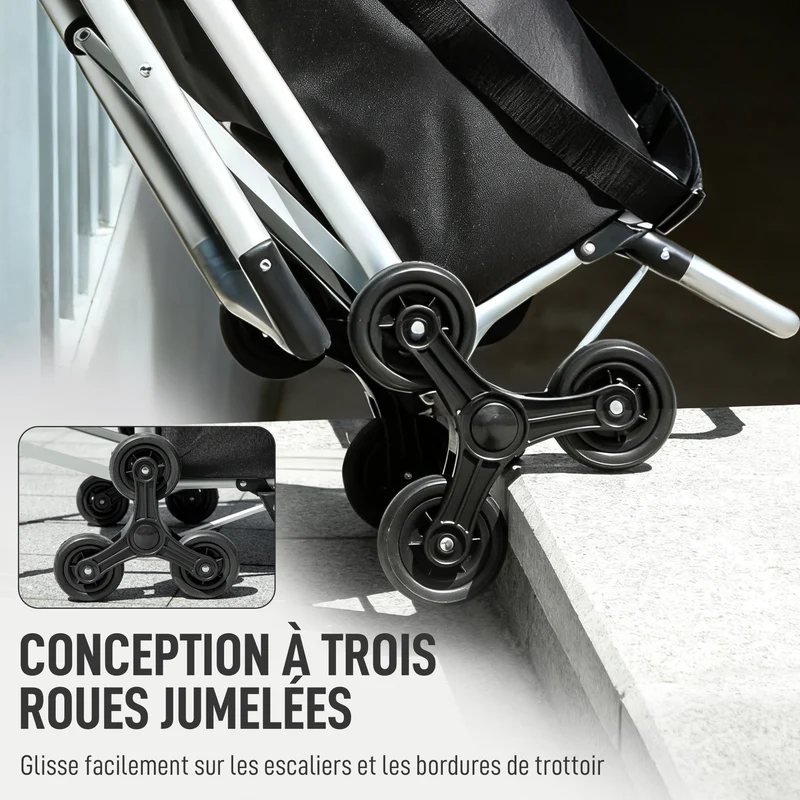 Chariot de courses pliable siège pliant 46 x 59.5 x 97 cm sac 40 l montée escalier 3 roues moderne en tissu oxford noir 21_0005886