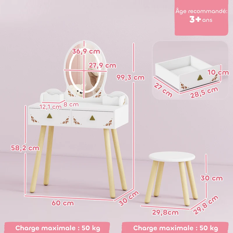 Coiffeuse enfant 2 en 1 bureau 60 x 30 x 99,3 cm miroir LED tactile 3 niveaux rangement siège scandinave en MDF blanc 21_0000271