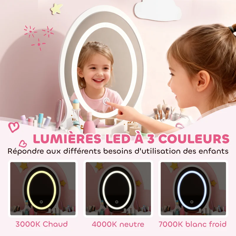 Coiffeuse enfant 2 en 1 bureau 60 x 30 x 99,3 cm miroir LED tactile 3 niveaux rangement siège scandinave en MDF blanc 21_0000271