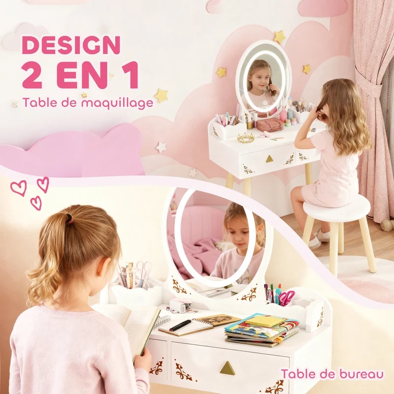 Coiffeuse enfant 2 en 1 bureau 60 x 30 x 99,3 cm miroir LED tactile 3 niveaux rangement siège scandinave en MDF blanc 21_0000271