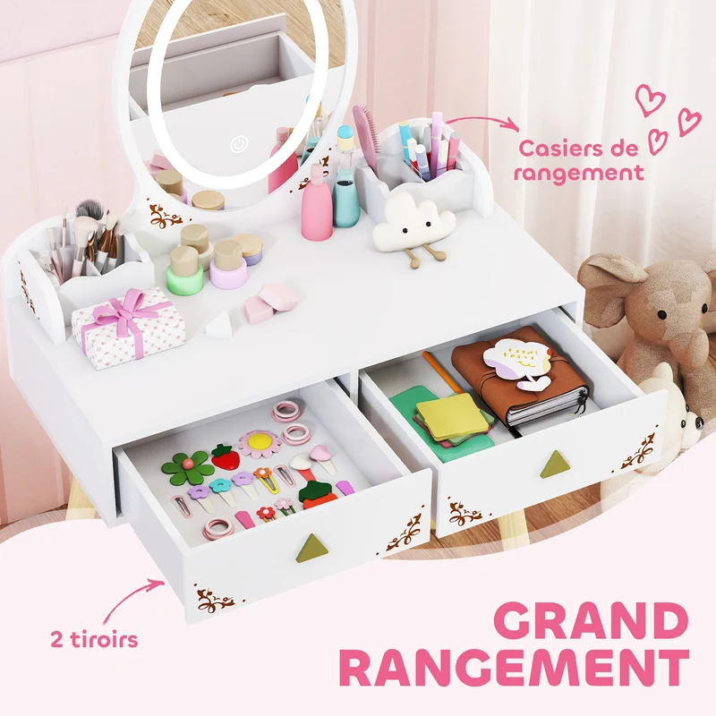 Coiffeuse enfant 2 en 1 bureau 60 x 30 x 99,3 cm miroir LED tactile 3 niveaux rangement siège scandinave en MDF blanc 21_0000271